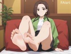 1girls ai_generated barefoot brown_eyes brown_hair clothed curtains_match_windows earrings faiart feet female foot_fetish foot_focus fully_clothed green_jacket light-skinned_female light_skin looking_at_viewer pillow sitting_on_bed smile solo tachibana_kotoha wind_breaker