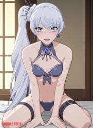 1female 1girls ai_generated bed bedroom breasts bubbleteexl commentary_request english_commentary female female_only hd hi_res highres indoors light-skinned_female light_skin looking_at_viewer medium_breasts mixed-language_commentary normal_breasts ponytail room rwby very_high_resolution very_long_hair very_long_hair_female weiss_schnee