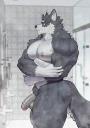 2024 absurd_res anthro areola balls barazoku bathing biceps big_balls big_muscles big_pecs big_penis canid canine canis deltoids flaccid foreskin fur genitals glans hi_res huge_muscles humanoid_genitalia humanoid_penis inside kemono male mammal manly muscular muscular_anthro muscular_male nipples nude pecs penis pubes raccoon21 shower showering side_view solo standing thick_arms thick_thighs triceps tuft water wet wet_body wet_fur wolf