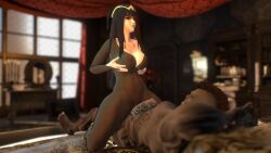 1boy 1girls 3d bodystocking breast_hold breasts condom dark-skinned_male female fire_emblem fire_emblem_awakening gogochimera large_breasts male nintendo tharja_(fire_emblem)