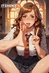 1girls ai_generated barefoot black_skirt blush brown_eyes brown_hair bushy_hair commission embarrassed foot_fetish foot_focus foot_lick foot_worship gryffindor harry_potter hermione_granger itshent-ai licking_foot miniskirt patreon peace_sign request school_uniform self_worship shiny_skin sitting soles solo sweat tongue twitter_username watermark white_shirt