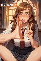 1girls ai_generated barefoot black_skirt blush brown_eyes brown_hair bushy_hair commission embarrassed foot_fetish foot_focus foot_lick foot_worship gryffindor gryffindor_tie harry_potter hermione_granger hogwarts hogwarts_school_uniform hogwarts_student itshent-ai licking_foot miniskirt patreon peace_sign pleated_skirt request school_uniform schoolgirl schoolgirl_uniform self_worship shiny_skin sitting soles solo sweat tongue twitter_username watermark white_shirt