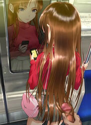 bag blue_eyes brown_hair cellphone censored clothing dokiyuri female from_behind hairjob handbag highres long_hair original penis phone reflection skirt solo_focus sweater train train_interior turtleneck