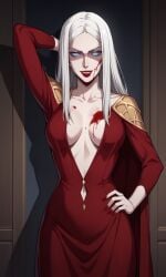 1girls ai_generated bigmic145 blood breasts carmilla_(castlevania) castlevania castlevania_(netflix) cleavage horror lips long_hair medium_breasts red_dress vampire white_hair yandere