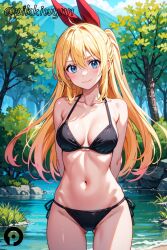 ai_generated arms_behind_back ass_visible_through_thighs bare_shoulders bikini black_bikini blonde_hair blue_eyes blush breasts cleavage closed_mouth collarbone cowboy_shot day female hair_ribbon halterneck kirisaki_chitoge long_hair looking_at_viewer medium_breasts navel nisekoi outdoors pikkiwynn red_ribbon ribbon side-tie_bikini_bottom smile solo standing stomach string_bikini swimsuit thighs tree water