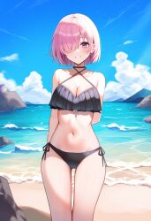 1girls ai_generated bikini black_bikini breasts cleavage female female_focus female_only hair_over_one_eye mash_kyrielight mashu moon_mirror pink_hair purple_eyes shielder_(fate) shielder_(fate/grand_order) short_hair solo type-moon