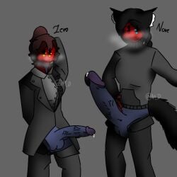 backrooms_creature best_friends black_clothing blue_eye blush cat_ears cat_tail cum dark-skinned_male fur gray_clothes gray_clothing huge_balls huge_cock neko nervous oc original_character original_characters panting partypooper_(the_backrooms) precum red_eye red_mask smirk smirking_at_viewer solo_male sweat two_males yellow_eyes