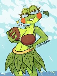 1girls anny_(legendfroggy) anthro breasts coconut_bra female frog glasses grass_skirt legendfroggy tagme