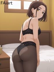 1girls ai_generated ass ass_focus bed black_bra black_lingerie black_panties brown_eyes brown_hair curtains_match_windows earrings faiart female female_only light-skinned_female light_skin lingerie looking_back looking_back_at_viewer looking_over_shoulder pantyhose smile solo tachibana_kotoha wind_breaker