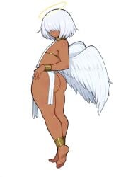 1boy ai_generated alriel angel angel_wings ass dark-skinned_male femboy hair_over_eyes halo mullon novelai original_character thick_thighs white_hair wide_hips