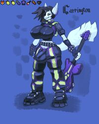 2024 anthro biped bottomwear bulge canid canine canis carrington_(snao) clothed clothing detailed_bulge digital_media_(artwork) ear_piercing ears_up electric_guitar emoji english_text erect_nipples_under_clothes fingerless_gloves footwear fur futa futanari gloves guitar gynomorph hair handwear intersex mammal model_sheet musical_instrument pants piercing plucked_string_instrument shoes short_hair simple_background snao solo standing string_instrument tail text white_body white_fur wolf