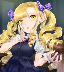 blonde_hair blush bow censored clothing cum cum_on_hair dokiyuri drill_hair female gloves hair_ribbon hairjob handjob highres long_hair open_mouth original penis puffy_sleeves ribbon ringlets short_sleeves solo_focus tied_hair twin_drills twintails white_gloves yellow_eyes