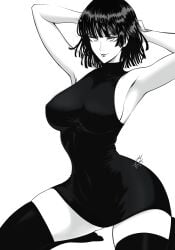 1girls armpits bare_arms bare_legs bare_shoulders bare_thighs big_breasts black_hair clothed clothing color dress female female_focus female_only fit_female fubuki_(one-punch_man) hi_res kneeling large_breasts light-skinned_female light_skin mostlybluewyatt on_knees one-punch_man short_hair slim_waist solo solo_female tagme thick_thighs thighhighs wide_hips