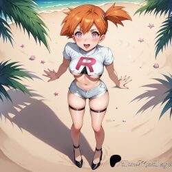 2024 4k 8k ai_generated beach belly_button color colored divine_muse_designs fishnet_legwear fishnets from_above game_freak hand_on_hip hi_res high_heels high_resolution highres hypnosis hypnotized_eyes kasumi_(pokemon) mircoshort nipple_piercing_bulge nipple_piercings_under_clothes orange_hair palm_tree patreon patreon_logo patreon_username pokemon sand sexy_clothing skimpy_clothes spiral_eyes stable_diffusion sunlight team_rocket team_rocket_uniform unbuttoned_pants underboob water watermark