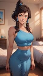 1futa ai_generated avatar_legends bed bedroom big_breasts blue_eyes breasts brown_hair bulge_through_clothing clothes clothing cock erect_penis erection erection_under_clothes futa_only futa_sans_pussy futadom futanari huge_cock indoors inside ironart korra large_penis medium_breasts open_clothes penis smile smiling smiling_at_viewer smug smug_face solo teeth teeth_showing the_avatar the_legend_of_korra uncut water_tribe