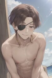 1boy ai_generated blush brown_eyes brown_hair earrings eyepatch gay hayato_suo looking_at_viewer male male_focus male_onlynaked nude short_hair smile suo_hayato tassel_earrings v_arms wind_breaker windbreaker