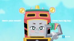 >:) accurate_art_style before_sex blush cartoonito condom condom_in_hand condoms dialogue edit edited edited_screencap freckles holding_condom holding_condoms imminent_sex locomotive mattel reward robot_arm sandy_the_rail_speeder seducing seducing_viewer seductive smile text thomas_and_friends thomas_and_friends_all_engines_go train