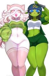 1girls 2girls almost_naked belly_button blue_eyes bottomless cat_ears cat_girl cat_tail catgirl cattail_(chikomokii) cattail_(plant) cattail_(pvz) child_bearing_hips collar curvy curvy_female curvy_figure female female_only female_solo fertilizing_(artist) flora_fauna from_below gatling_pea_(pvz) green_eyebrows green_shorts green_skin green_sweater half_naked heart helmet hotpants long_hair looking_at_viewer mega_gatling_pea_(pvz) multiple_girls naked no_panties nya open_mouth paws peashooter_(pvz) pink_eyes plant plant_girl plantie plants_vs._zombies plants_vs_zombies salute sharp_teeth short_shorts shorts simple_background small_breasts soldier solo solo_female sweater tagme tank_top thighhighs warpaint white_background white_body white_fur white_hair