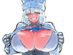 1girls armored_gloves blue_eyes blue_ribbon dobrynya_nikitich_(fate) fate/grand_order fate_(series) female female_only fur hat maabo_harusame presenting_breasts smile smiling tagme white_clothing white_hair