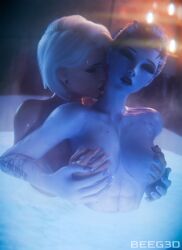 2girls 3d abs ashe_(overwatch) bath beeg3d blue_skin breast_grab breasts earrings lesbian_kiss lesbian_sex light-skinned_female lipstick multiple_girls neck_kiss nipples nude overwatch overwatch_2 purple_skin tattoo tattoos wet wet_body wet_skin white_hair widowmaker yuri