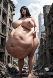 ai_generated digestion female_pred giantess giantess_growth giantess_vore mass_vore multiple_prey post_vore unwilling_prey vore vore_belly wasteland