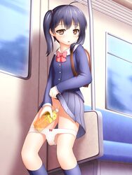 ahoge backpack bag black_hair blush bottle bow brown_eyes container_urination female highres kazumi_(syoki4230) looking_away omorashi open_mouth original panties panty_pull peeing public_urination pussy school_uniform short_hair skirt skirt_lift solo standing_pee subway underwear urinating_female urine_in_container young