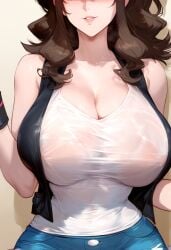 1girls ai_generated bangs bare_shoulders baseball_cap black_vest blue_shorts blush breasts brown_hair clavicle cleavage clothing completely_nude covered_erect_nipples covered_navel curvaceous curvaceous_female curvaceous_figure curvy curvy_figure cutoffs denim denim_shorts erect_nipples_under_clothes female female_focus female_only hat headwear high_ponytail hilda_(pokemon) huge_breasts hydrolis999 large_breasts long_hair looking_at_viewer parted_lips pokemon pokemon_(game) pokemon_bw pokemon_character ponytail protagonist_(pokemon) see-through shirt short_shorts shorts sidelocks sleeveless sleeveless_shirt smile solo sweat tank_top thighs tied_hair vest voluptuous voluptuous_female white_shirt wristband