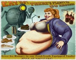 2015 60's_theme advertisement advertising belly belly_bulge belly_button fallout fallout_(series) fallout_3 fallout_4 fallout_new_vegas fat fat_ass fat_rolls feederism feeding looking_at_viewer morbidly_obese morbidly_obese_female obese obese_female ray_norr vault_girl