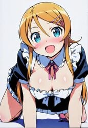 ai_generated bare_legs blue_eyes blush erect_nipples huge_breasts huge_thighs kousaka_kirino large_breasts light-skinned_female light_skin long_hair looking_at_viewer maid_outfit maid_uniform no_bra no_bra_under_clothes orange_hair ore_no_imouto_ga_konna_ni_kawaii_wake_ga_nai pov_eye_contact smiling solo_female thick_thighs thighs voluptuous voluptuous_female