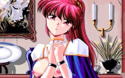 1girls black_wristband blue_cape breasts breasts_out candle cape dress earrings game_cg jewelry looking_at_viewer medium_breasts mirage_2_(discovery) nipples painting_(object) pc-98_(style) ponytail red_eyes red_hair roan_(mirage) shikato_miyo solo white_dress