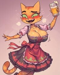 1girls ai_generated alcohol anthro apron beer beer_mug beverage big_breasts blush blush_lines breasts cleavage cleavage_overflow clothed clothed_female clothing dancing dress drunk eyebrows eyelashes fangs female female_only fingers fran_(litterbox_comics) fur furry glistening glistening_breasts green_eyes green_sclera heavy_blush holding_beer holding_beverage holding_mug holding_object litterbox_comics looking_down mature mature_female mature_woman milf mug open_mouth open_smile orange_body orange_fur orange_tail pink_background pink_nose red_apron red_blush simple_background smile smiling solo solo_female standing striped_body striped_fur stripes tail teeth webcomic