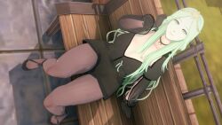 1girls 3d adjusting_hair alternate_costume bench breasts choker cleavage female female_only fire_emblem fire_emblem:_three_houses from_above gloves green_eyes green_hair half-closed_eyes large_breasts long_hair long_sleeves looking_at_viewer looking_up mature mature_female nekomarusan nintendo on_bench outdoors pantyhose rhea_(fire_emblem) see-through shoes shorts sitting smile solo very_long_hair