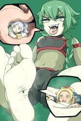 1boy 2girls barefoot bulge clothing_entrapment dungeon_meshi elf feet female femboy femsub foot_fetish foot_focus foot_worship frieren giant girly green_hair larger_male licking_foot long_tongue macro male male_focus maledom marcille_donato micro size_difference smaller_female sousou_no_frieren thesigmaarts tongue