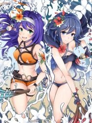 2girls alternate_costume alternate_hairstyle bikini blue_bikini blue_eyes blue_hair blue_swimsuit cleavage fire_emblem fire_emblem:_path_of_radiance fire_emblem:_radiant_dawn fire_emblem_awakening fire_emblem_heroes green_eyes lucina_(fire_emblem) medium_breasts mia_(fire_emblem) nenemu0 nintendo official_alternate_costume official_alternate_hairstyle orange_bikini orange_swimsuit purple_hair small_breasts swimsuit