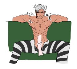 1boy disembodied_hand grey_hair jojo's_bizarre_adventure male male_only masturbation muscular_male penis risotto_nero sweat tasse vento_aureo