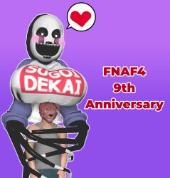 3d animatronic animatronic_female big_woman boobs_on_head female female/male female_on_male five_nights_at_freddy's five_nights_at_freddy's_4 fox_mask foxy_bro heart huge_breasts human human_male humanoid male marimike michael_afton nightmarionne no_nude source_filmmaker sugoi_dekai teenager yuuki_momofox