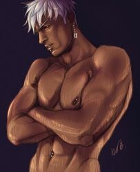 1boy belly_button_piercing black_sclera crossed_arms dark-skinned_male dark_skin earrings grey_hair jojo's_bizarre_adventure kohakuasato male male_only muscular_male nipple_piercing nude_male red_eyes risotto_nero vento_aureo