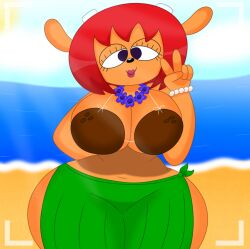 3barts beach big_breasts bracelet coconut_bra curvy eyelashes flower_necklace hourglass_figure huge_breasts lammy_lamb large_breasts lipstick peace_sign smile um_jammer_lammy wide_hips