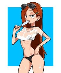 1girls ass big_breasts bikini bikini_bottom breasts choker disney female female_focus female_only freckles freckles_on_face gravity_falls hair human large_breasts light-skinned_female light_skin long_hair looking_at_viewer n___k___m pinup popsicle revealing_clothes solo swimsuit tagme thighs wendy_corduroy wet wet_shirt