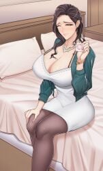 1girls bed bedroom big_breasts black_hair blanket brown_eyes clothed clothing condom dark_hair earrings female female_only manna_(pixiv8805037) mature mature_female necklace pantyhose pillow sitting sitting_on_bed