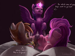 2014 alicorn caboni32 cutie_mark dialog dickgirl english_text equine feral friendship_is_magic fur group hair horn horse horsecock intersex lying magic male my_little_pony on_back original_character penis pony purple_eyes purple_fur purple_hair text twilight_sparkle_(mlp) wings