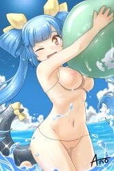 1girls 2020s 2024 ano_(fjcd7247) arms_up artist_name ball bare_shoulders beachball blue_hair blue_sky blush breasts cloud dizzy_(guilty_gear) groin guilty_gear hair_rings holding holding_ball long_hair looking_at_viewer medium_breasts monster_girl navel nipples nude ocean one_eye_closed open_mouth puffy_nipples pussy red_eyes ribbon see-through sideboob sky solo sparkle stomach sun sunlight tail tail_ornament tail_ribbon thighs transparent twintails water wet yellow_ribbon