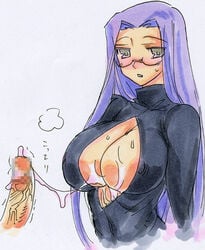 blush bottomless breasts censored cleavage cleavage_cutout cum cum_on_breasts erect_nipples fate/stay_night fate_(series) female glasses kikuta large_breasts long_hair male medusa_(fate) no_panties paizuri purple_hair straight