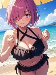 ai_generated belly belly_button bikini cleavage collarbone fate/grand_order fate_(series) female hair_over_one_eye mash_kyrielight mashu midriff pink_hair purple_eyes shielder_(fate) shielder_(fate/grand_order) slow_poetry solo type-moon type-moonmash_kyrielight