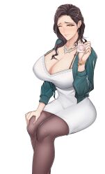 1girls big_breasts black_hair brown_eyes clothed clothing condom dark_hair earrings female female_only manna_(pixiv8805037) mature mature_female necklace pantyhose sitting white_background