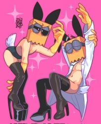 bunnysuit dr._flug_(villainous) gay goggles half_naked high_heels orengejoshi paper_bag pink_background top_surgery_scars villainous