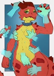 collar critterstew fingering fondling fondling_breast fondling_breasts ghost_hands kobold monster monster_girl red_skin