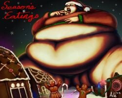 belly belly_bulge belly_button belly_overhang christmas christmas_card christmas_hat christmas_outfit eating eating_food eating_out fat fat_ass fat_rolls food_creature food_humanoid food_in_mouth gingerbread gingerbread_cookie gingerbread_house gingerbread_man horror massive_belly massive_thighs morbidly_obese morbidly_obese_female obese obese_female ray_norr war