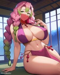 1girls 2024 ai_generated braid braided_hair cleavage clothing_cutout covered_navel covered_nipples curvaceous curvy curvy_body curvy_female curvy_figure cutout demon_slayer detailed dress female female_focus female_only green_eyes hair harem harem_outfit hi_res illumaru kanroji_mitsuri kimetsu_no_yaiba large_breasts long_hair mommy mouth_veil multicolored_hair no_panties patreon_username pelvic_curtain seductive_smile shiny_clothes sideboob solo stable_diffusion thick_thighs twin_braids underboob voluptuous voluptuous_female wavy_hair wide_hips