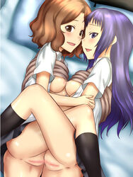 2girls anus awatsuki_maaya blue_eyes blue_hair blush breast_press breasts brown_hair censored female female_only hug human long_hair looking_at_viewer multiple_females myu-po nipples open_mouth pussy school_uniform schoolgirl shirt_lift short_hair skirt smile sweater_vest teenage_girl teenager to_aru_kagaku_no_railgun to_aru_majutsu_no_index tokiwadai_school_uniform wannai_kinuho young yuri